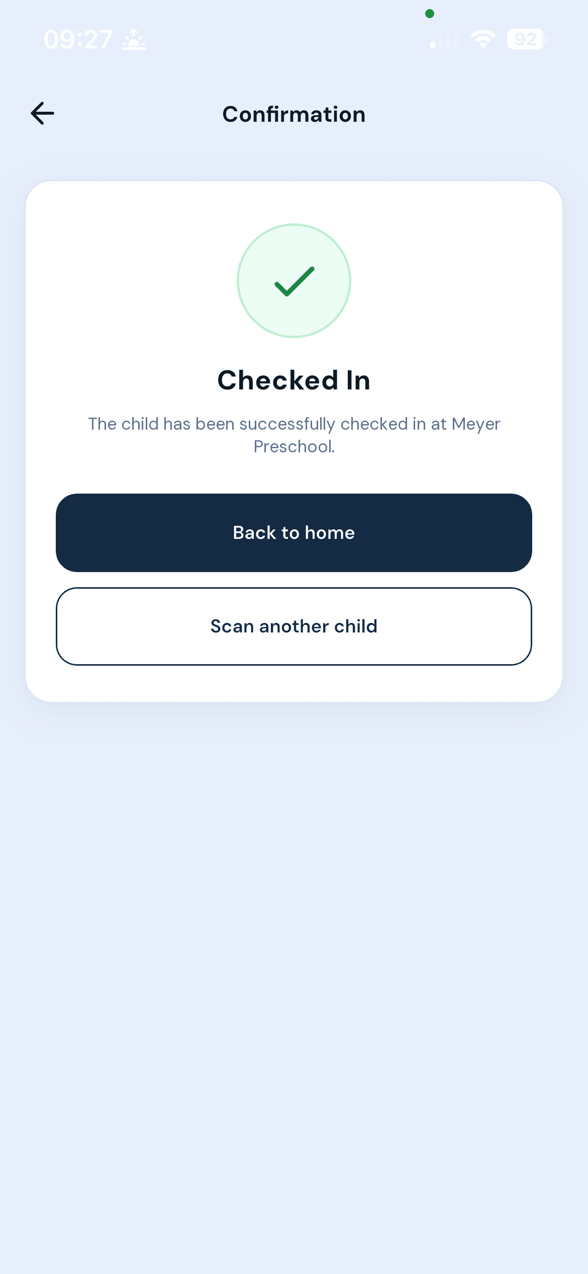 EntryGuard confirmation screen showing a child checked in