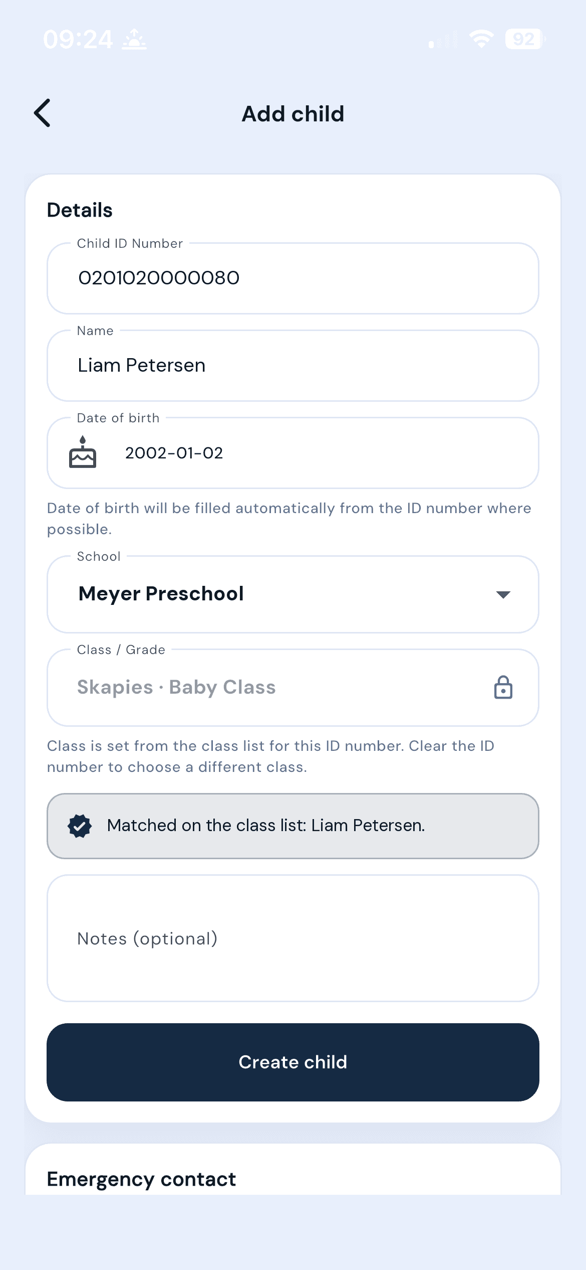 EntryGuard add-child screen confirming a learner matched the school class list