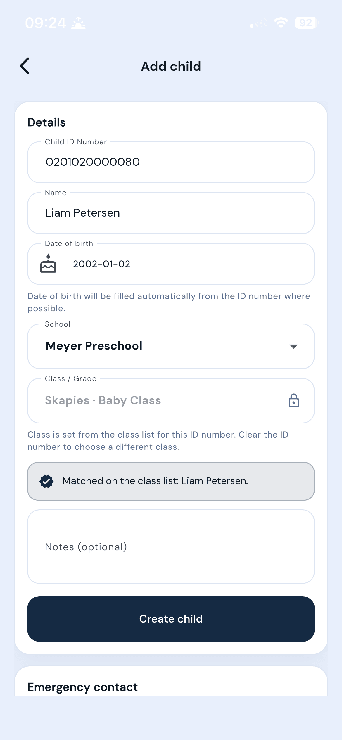 EntryGuard add-child screen confirming a learner matched the school class list