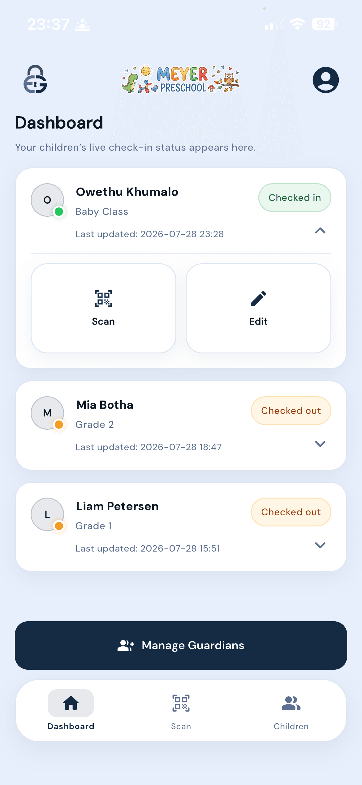 EntryGuard guardian dashboard listing each child with their current check-in status