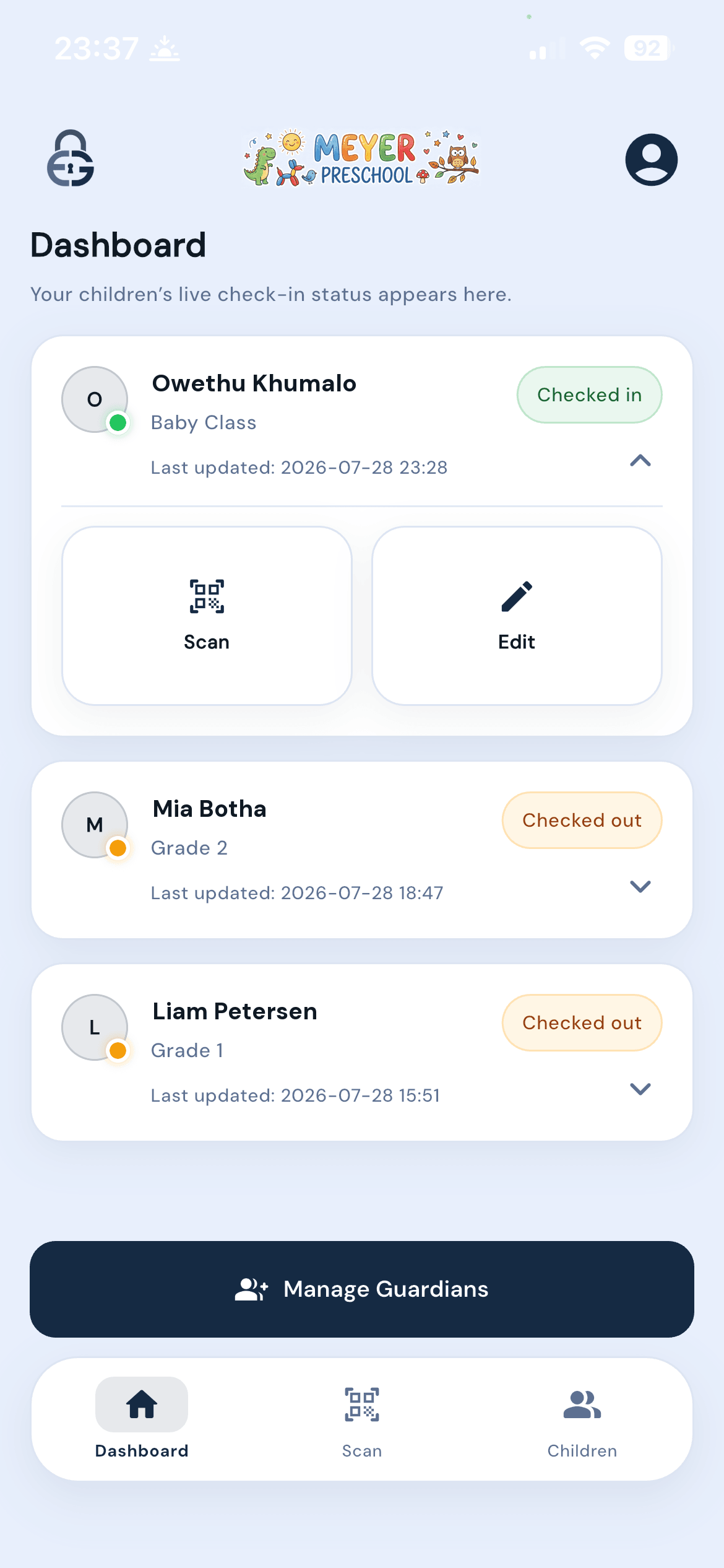 EntryGuard guardian dashboard listing each child with their current check-in status