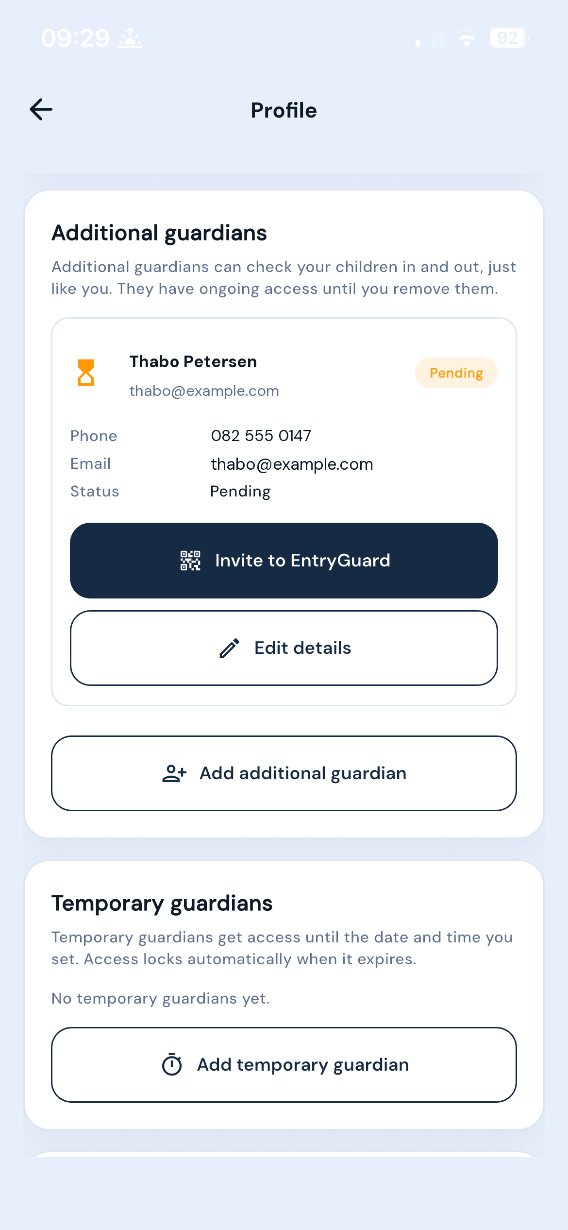 EntryGuard profile screen managing an additional guardian and their invitation