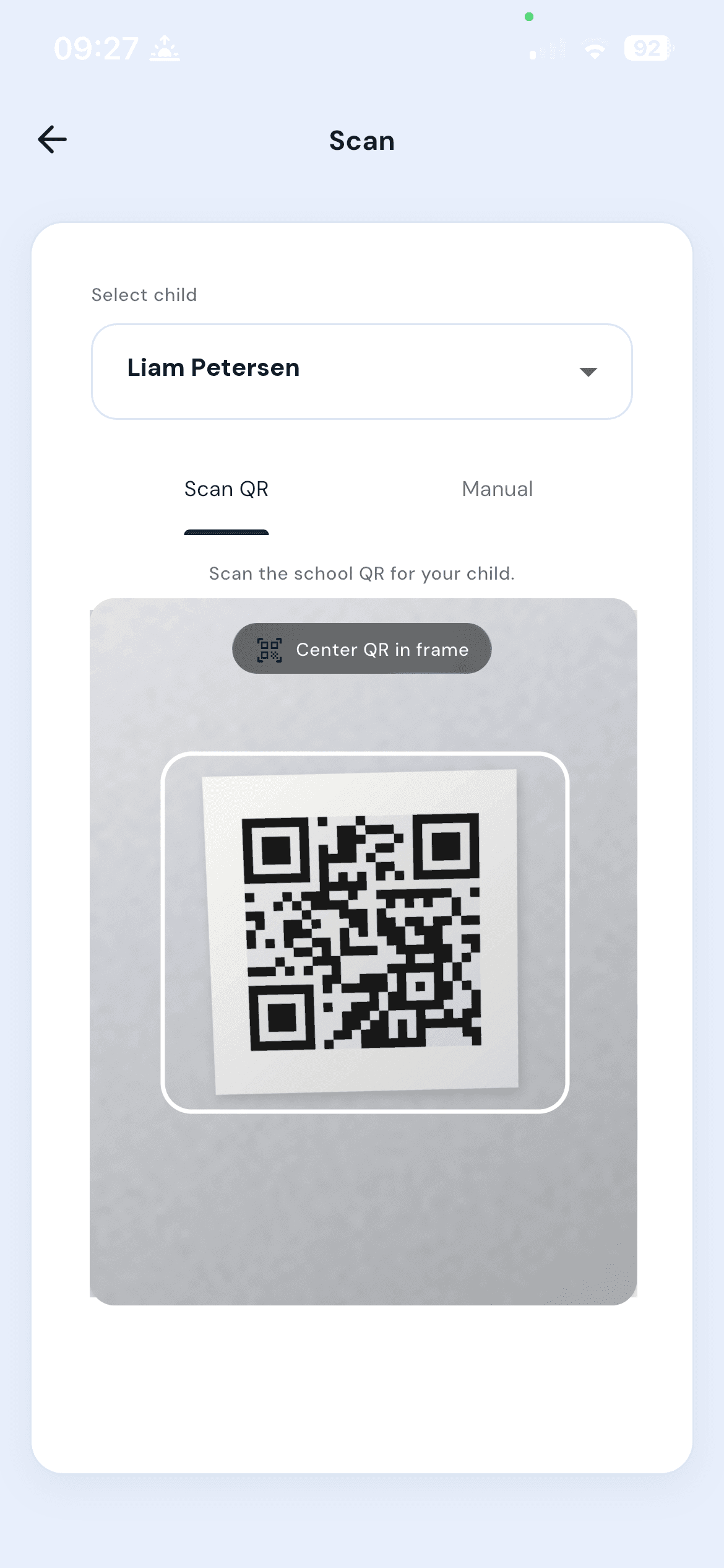 EntryGuard scanner lining up the school QR code for a selected child