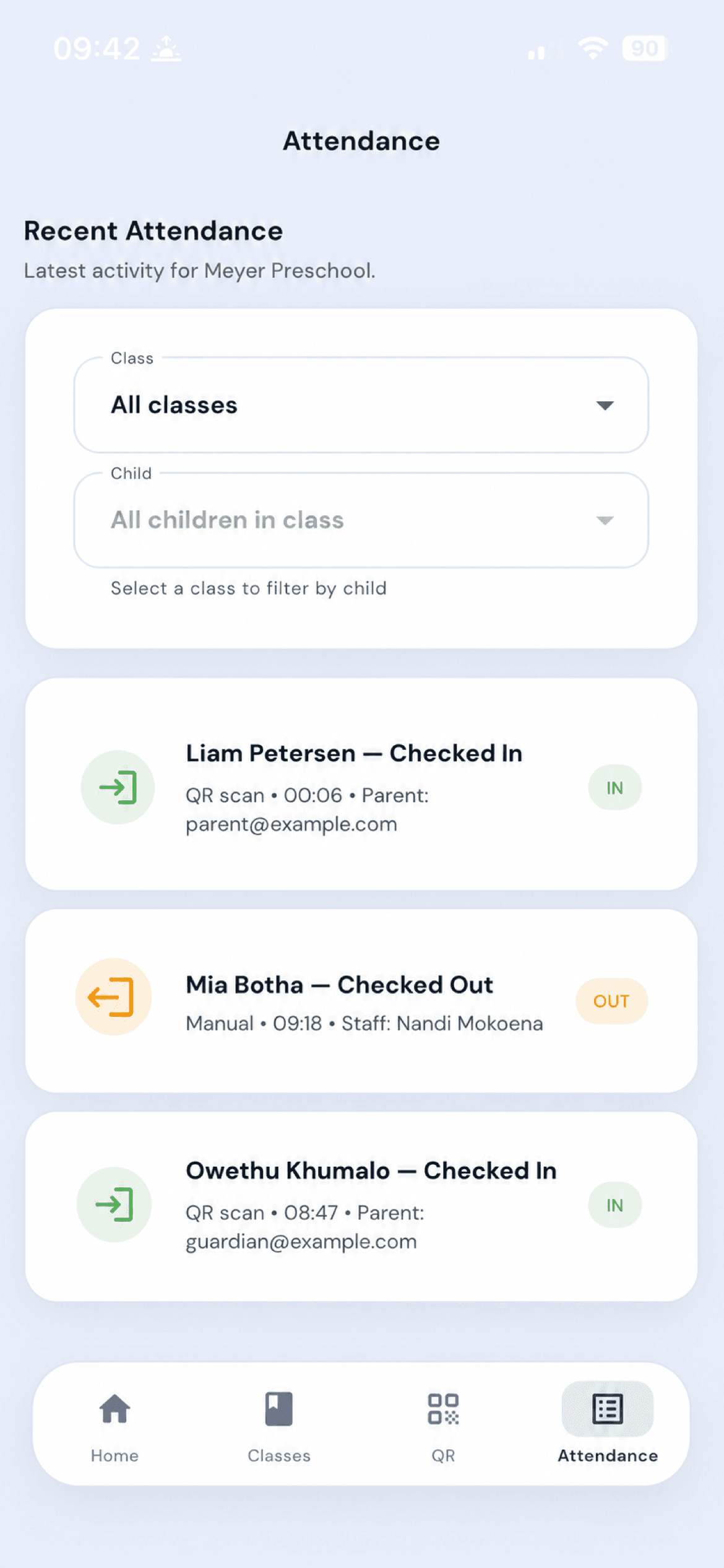 EntryGuard school attendance log showing multiple timestamped check-ins and check-outs