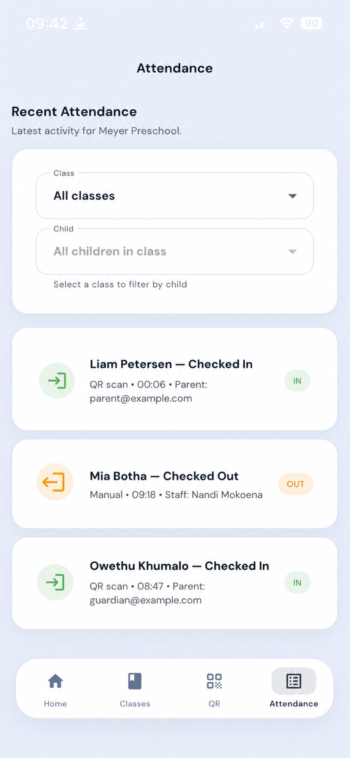 EntryGuard school attendance log showing multiple timestamped check-ins and check-outs