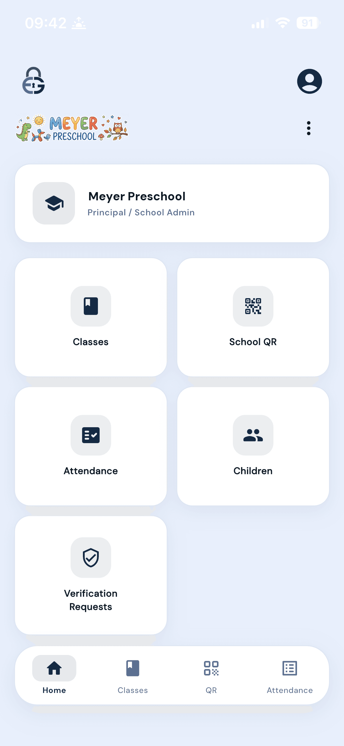 EntryGuard school administrator home screen with classes, QR, attendance and children
