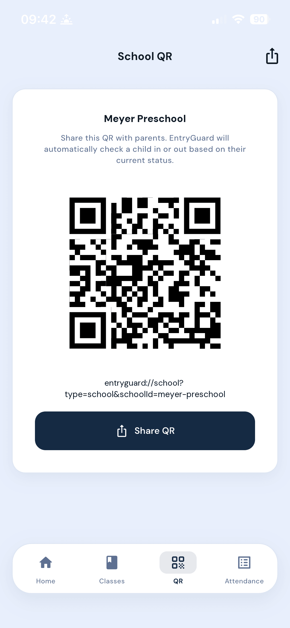 EntryGuard school QR code screen ready to share with guardians